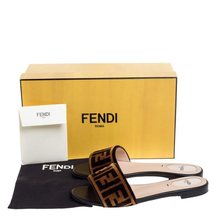 Pre Owned Fendi Two Tone Zucca Velvet Flat Slides Size 37.5