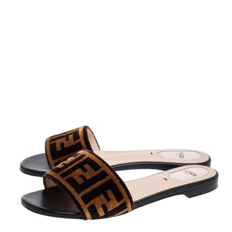 Pre Owned Fendi Two Tone Zucca Velvet Flat Slides Size 37.5