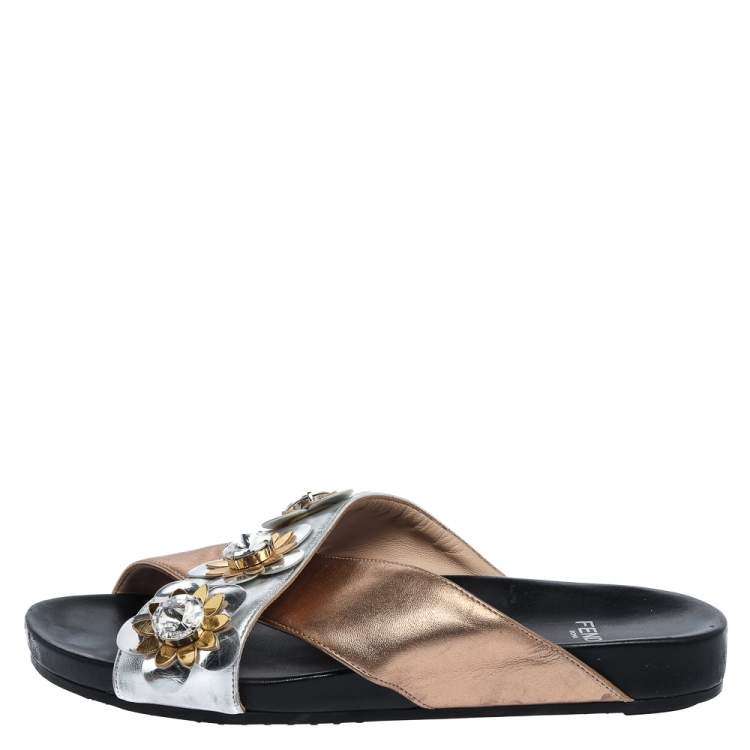 Pre Owned Fendi Gold/Silver Leather Crisscross Flowerland Slide Flats Size 37.5