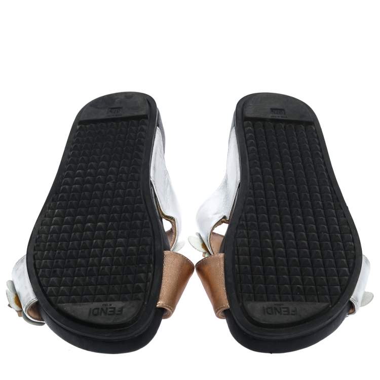 Pre Owned Fendi Gold/Silver Leather Crisscross Flowerland Slide Flats Size 37.5