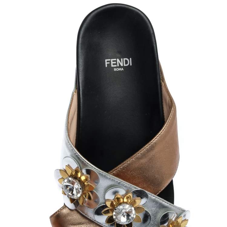 Pre Owned Fendi Gold/Silver Leather Crisscross Flowerland Slide Flats Size 37.5