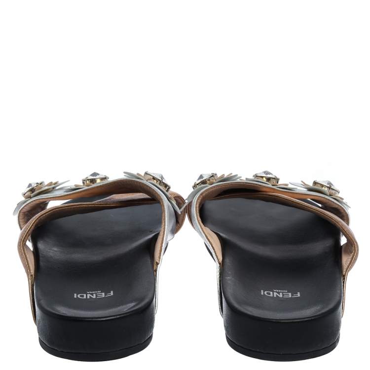 Pre Owned Fendi Gold/Silver Leather Crisscross Flowerland Slide Flats Size 37.5