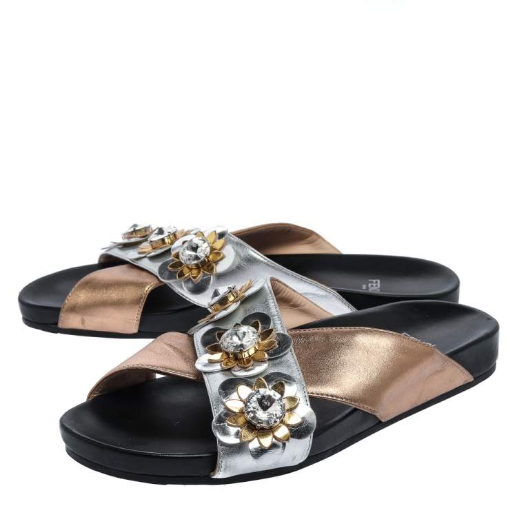 Pre Owned Fendi Gold/Silver Leather Crisscross Flowerland Slide Flats Size 37.5