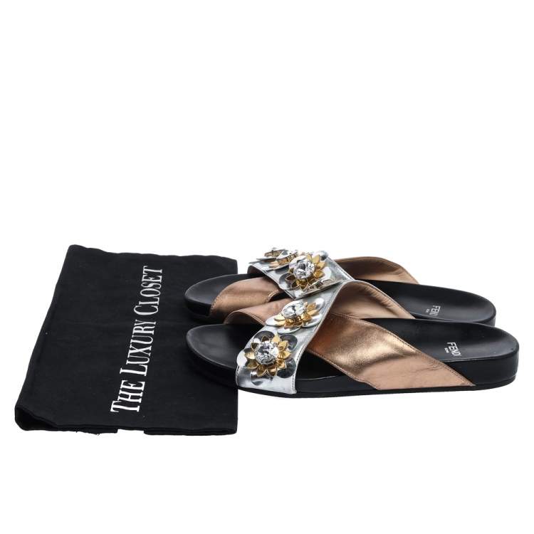 Pre Owned Fendi Gold/Silver Leather Crisscross Flowerland Slide Flats Size 37.5