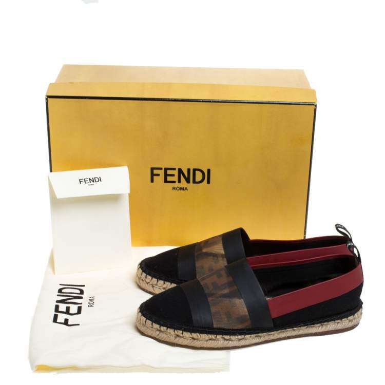 Pre Owned Fendi Black/ Red Mesh, Leather And Canvas Espadrille Flats Size 36