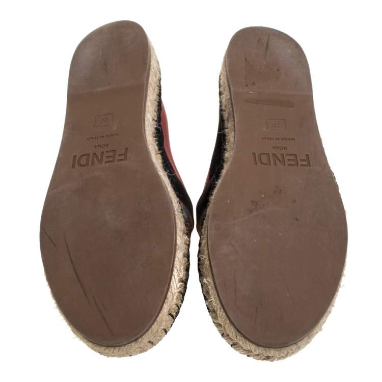 Pre Owned Fendi Black/ Red Mesh, Leather And Canvas Espadrille Flats Size 36