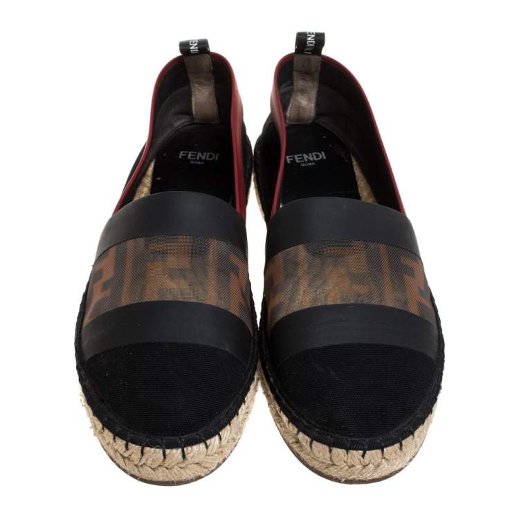 Pre Owned Fendi Black/ Red Mesh, Leather And Canvas Espadrille Flats Size 36
