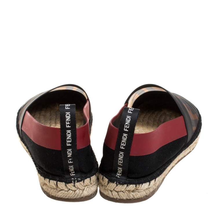 Pre Owned Fendi Black/ Red Mesh, Leather And Canvas Espadrille Flats Size 36