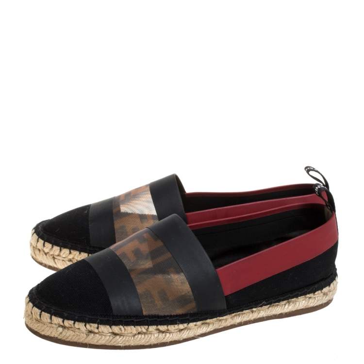 Pre Owned Fendi Black/ Red Mesh, Leather And Canvas Espadrille Flats Size 36