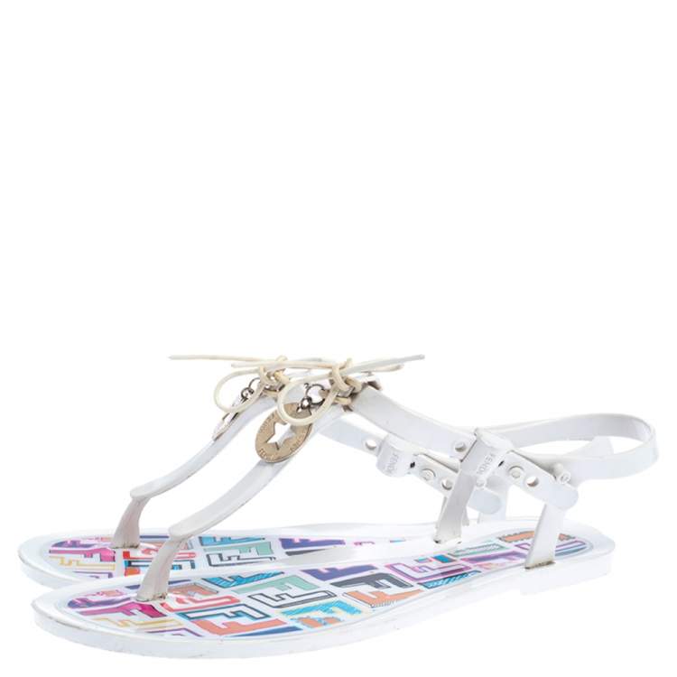 Pre Owned Fendi White Jelly Logo Charm Sunny Thong Flat Sandals Size 38