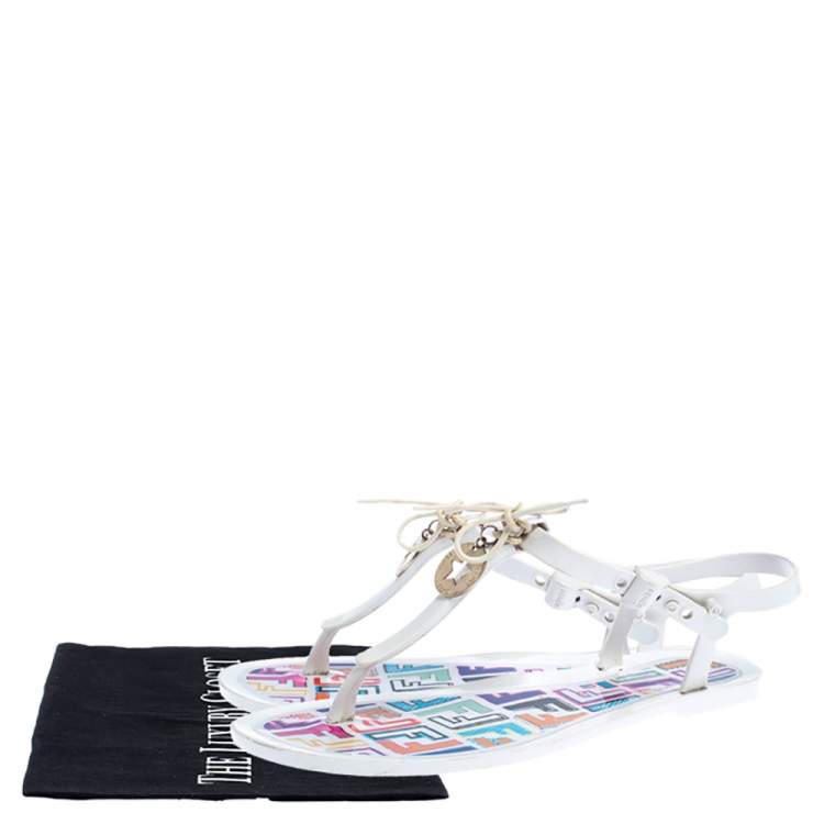 Pre Owned Fendi White Jelly Logo Charm Sunny Thong Flat Sandals Size 38