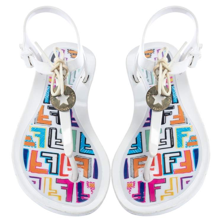 Pre Owned Fendi White Jelly Logo Charm Sunny Thong Flat Sandals Size 38