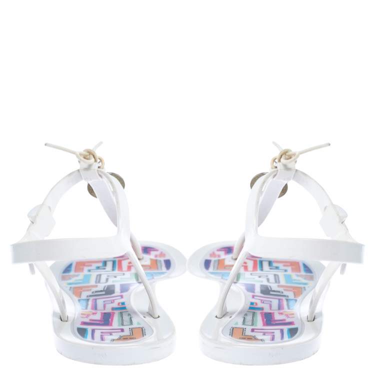 Pre Owned Fendi White Jelly Logo Charm Sunny Thong Flat Sandals Size 38