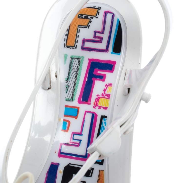 Pre Owned Fendi White Jelly Logo Charm Sunny Thong Flat Sandals Size 38