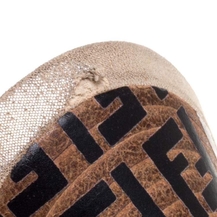 Pre Owned Fendi Beige Glitter Suede Leather FF Superstar Peep Toe Mule Slides Size 38.5