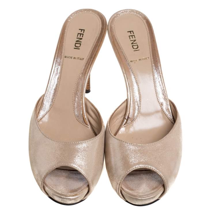 Pre Owned Fendi Beige Glitter Suede Leather FF Superstar Peep Toe Mule Slides Size 38.5