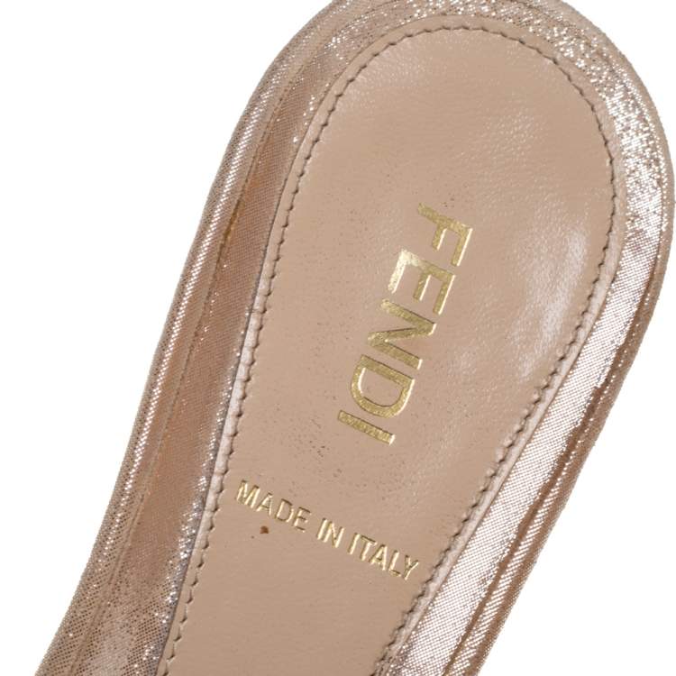 Pre Owned Fendi Beige Glitter Suede Leather FF Superstar Peep Toe Mule Slides Size 38.5