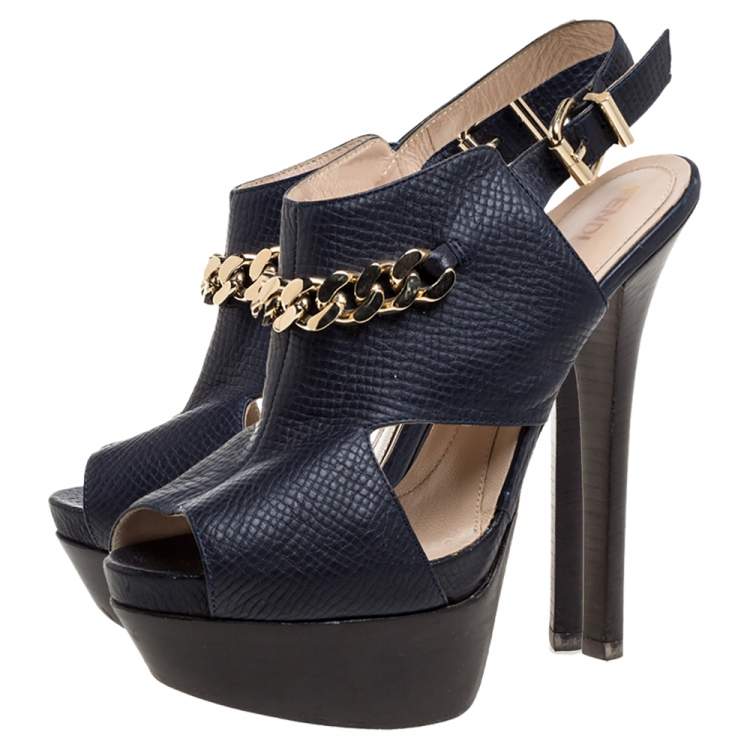 Pre Owned Fendi Navy Blue Leather Chain Details Slingback Platform Sandals Size 38