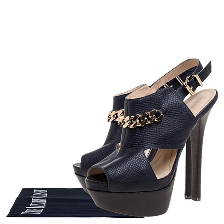 Pre Owned Fendi Navy Blue Leather Chain Details Slingback Platform Sandals Size 38