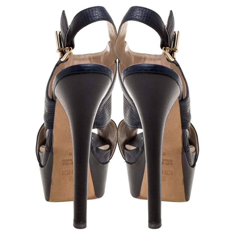 Pre Owned Fendi Navy Blue Leather Chain Details Slingback Platform Sandals Size 38