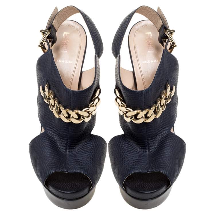 Pre Owned Fendi Navy Blue Leather Chain Details Slingback Platform Sandals Size 38