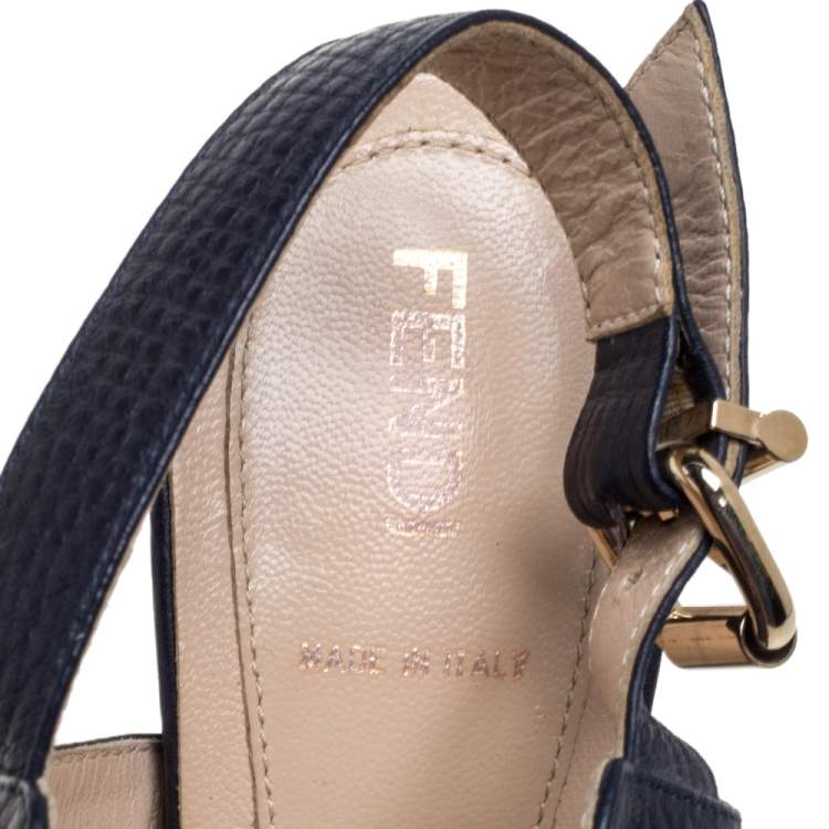 Pre Owned Fendi Navy Blue Leather Chain Details Slingback Platform Sandals Size 38