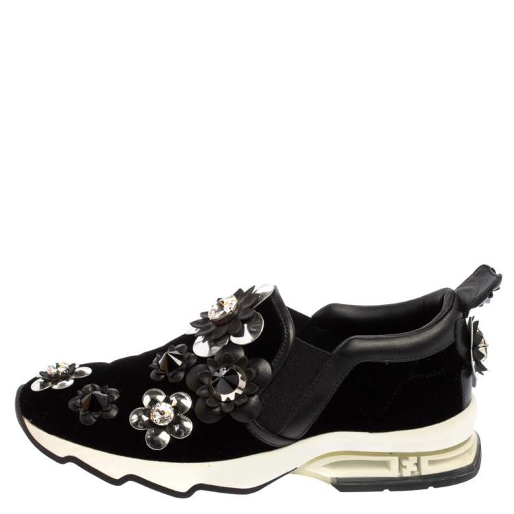 Pre Owned Fendi Black Velvet And Leather Trim Flowerland Slip On Sneakers Size 36