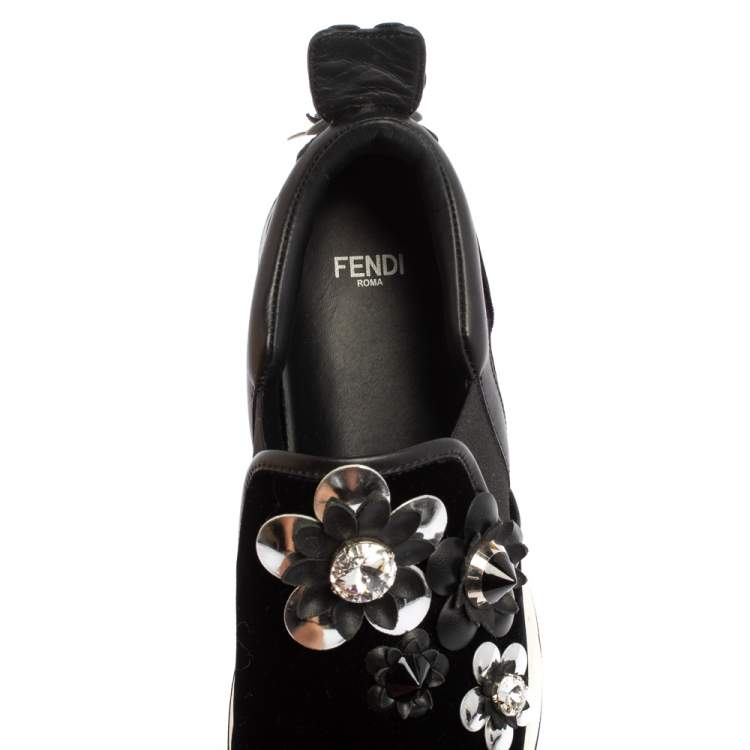 Pre Owned Fendi Black Velvet And Leather Trim Flowerland Slip On Sneakers Size 36