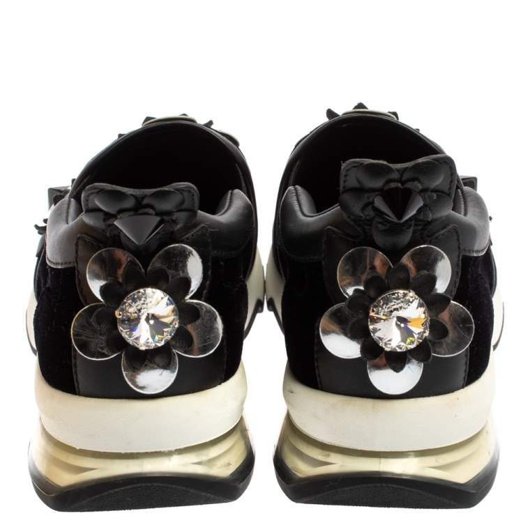 Pre Owned Fendi Black Velvet And Leather Trim Flowerland Slip On Sneakers Size 36