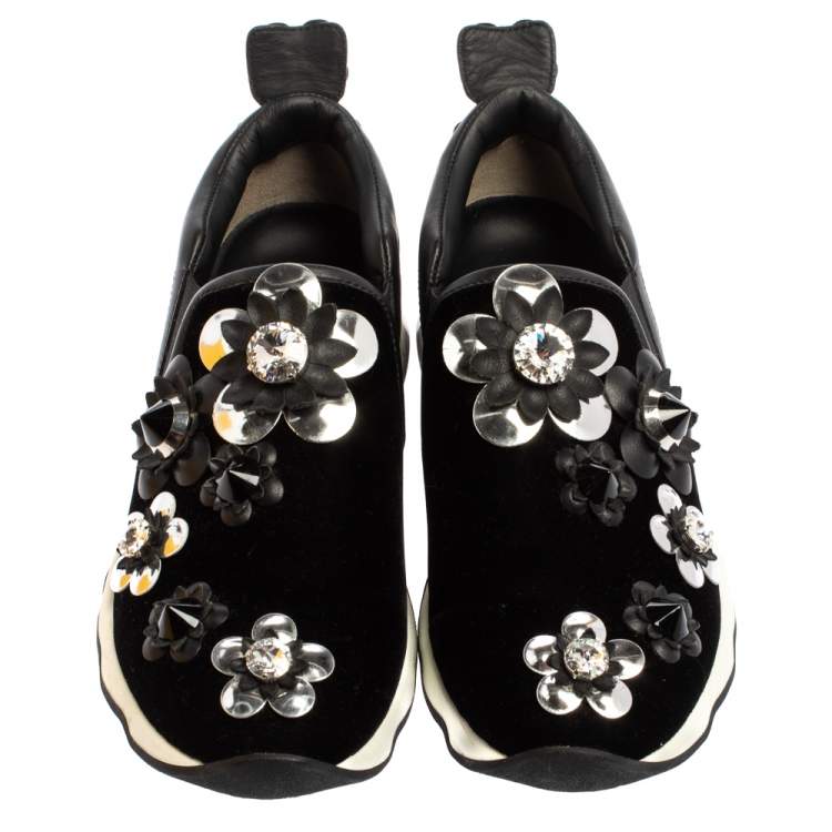 Pre Owned Fendi Black Velvet And Leather Trim Flowerland Slip On Sneakers Size 36
