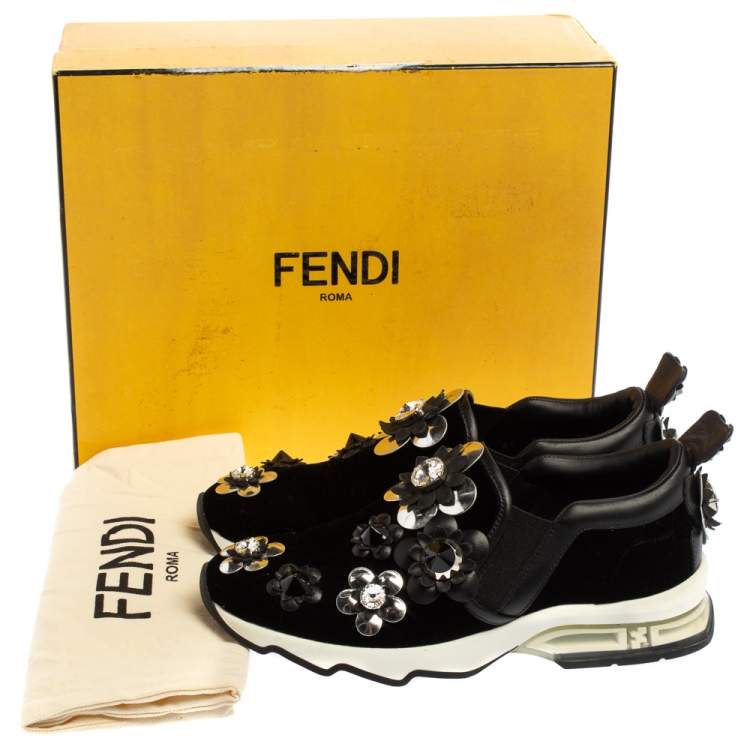 Pre Owned Fendi Black Velvet And Leather Trim Flowerland Slip On Sneakers Size 36