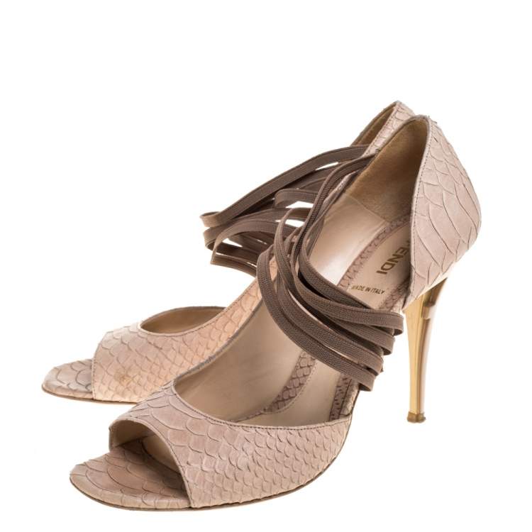 Pre Owned Fendi Beige Python Embossed Leather Strappy Half D'Orsay Peep Toe Pumps Size 40