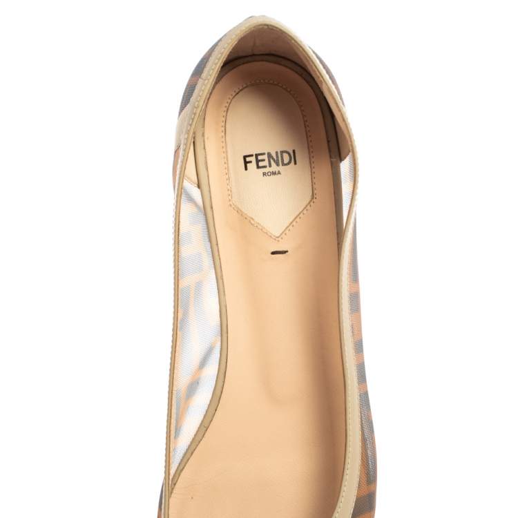 Pre Owned Fendi Brown/Beige Zucca Mesh and Leather Pointed Toe Ballet Flats Size 41