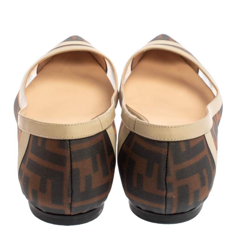 Pre Owned Fendi Brown/Beige Zucca Mesh and Leather Pointed Toe Ballet Flats Size 41