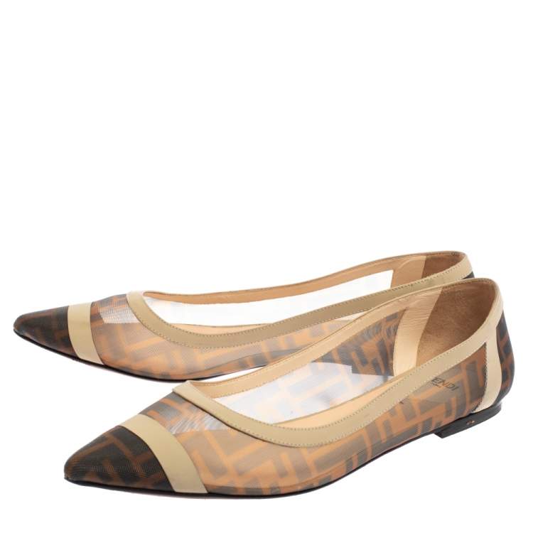 Pre Owned Fendi Brown/Beige Zucca Mesh and Leather Pointed Toe Ballet Flats Size 41
