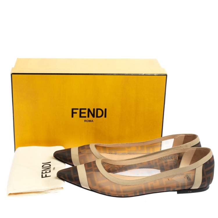 Pre Owned Fendi Brown/Beige Zucca Mesh and Leather Pointed Toe Ballet Flats Size 41