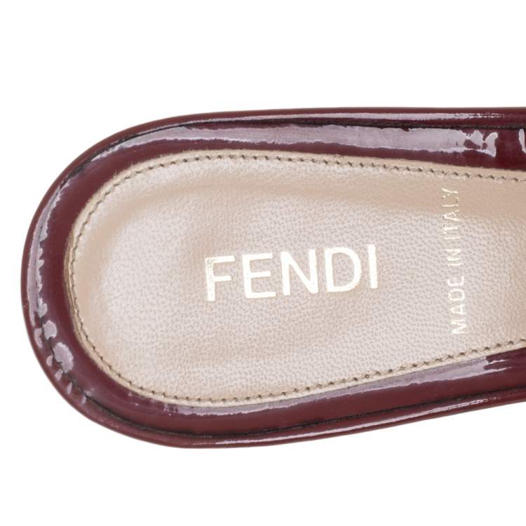 Pre Owned Fendi Burgundy Patent Leather FF Superstar Peep Toe Mule Slides Size 38