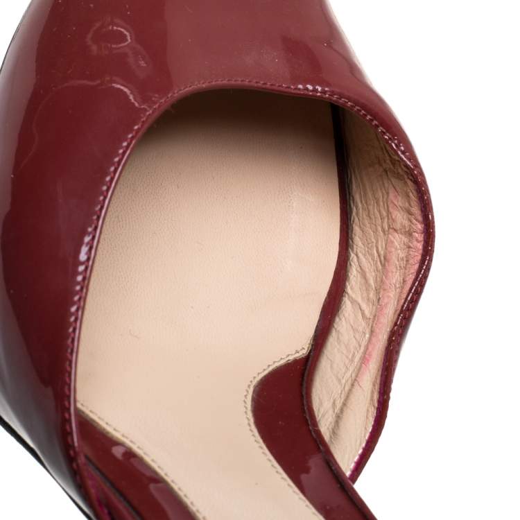 Pre Owned Fendi Burgundy Patent Leather FF Superstar Peep Toe Mule Slides Size 38
