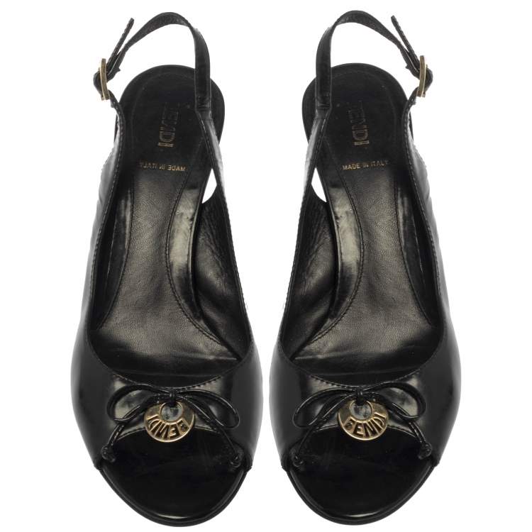 Pre Owned Fendi Black Patent Leather Logo Plaque Peep Toe Slingback Sandals Size 38