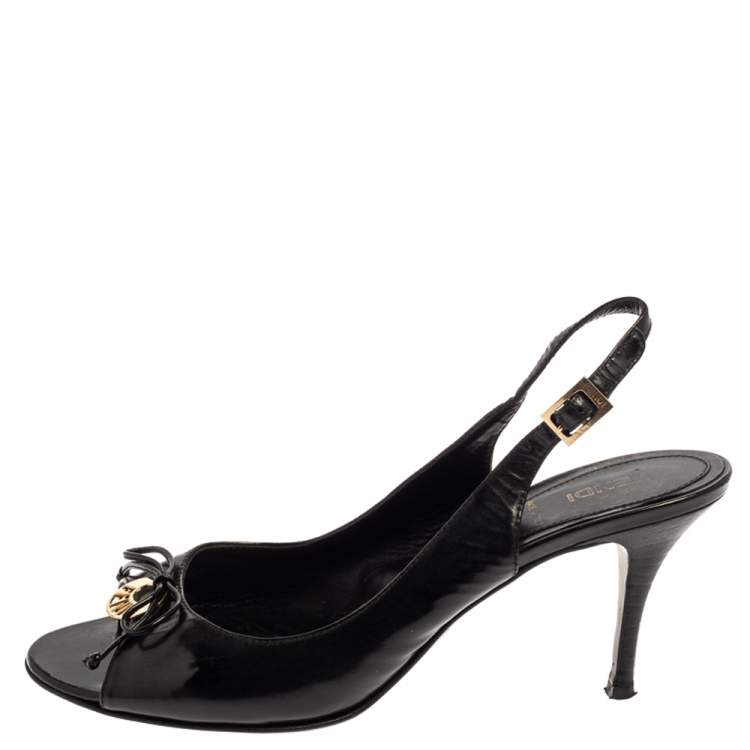 Pre Owned Fendi Black Patent Leather Logo Plaque Peep Toe Slingback Sandals Size 38
