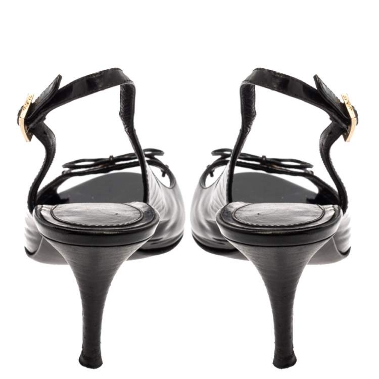 Pre Owned Fendi Black Patent Leather Logo Plaque Peep Toe Slingback Sandals Size 38