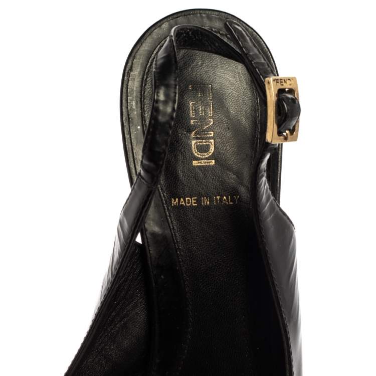 Pre Owned Fendi Black Patent Leather Logo Plaque Peep Toe Slingback Sandals Size 38
