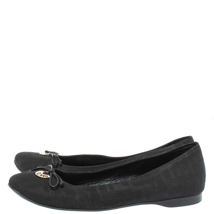 Pre Owned Fendi Black Zucca Canvas Bow Ballet Flats Size 39