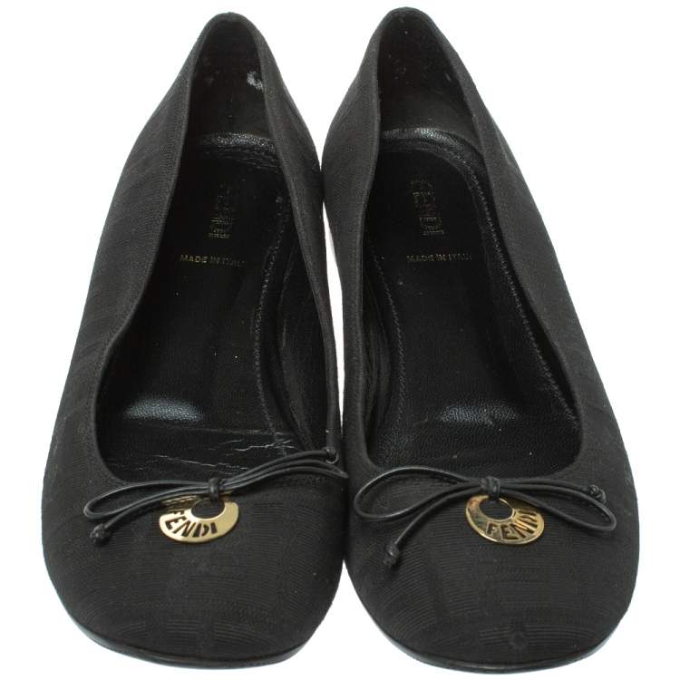 Pre Owned Fendi Black Zucca Canvas Bow Ballet Flats Size 39