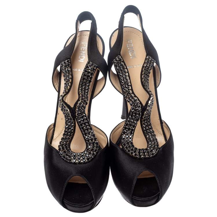Pre Owned Fendi Black Satin Crystal Embellished Slingback Platform Sandals Size 39