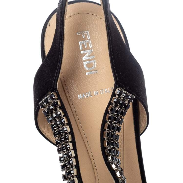Pre Owned Fendi Black Satin Crystal Embellished Slingback Platform Sandals Size 39