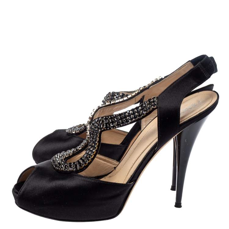 Pre Owned Fendi Black Satin Crystal Embellished Slingback Platform Sandals Size 39