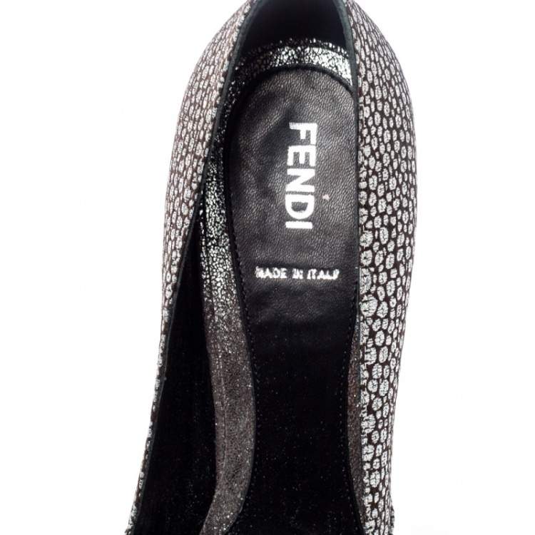Pre Owned Fendi Silver Textured Fabric Bow Peep Toe Pumps Size 37