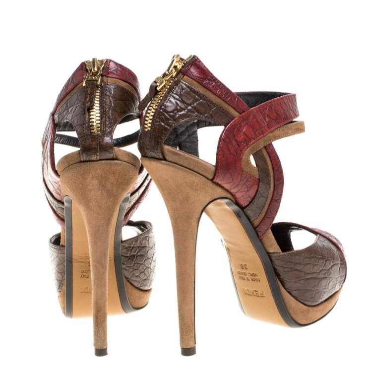 Pre Owned  Fendi Multicolor Croc Embossed Leather Platform Sandals Size 38 
