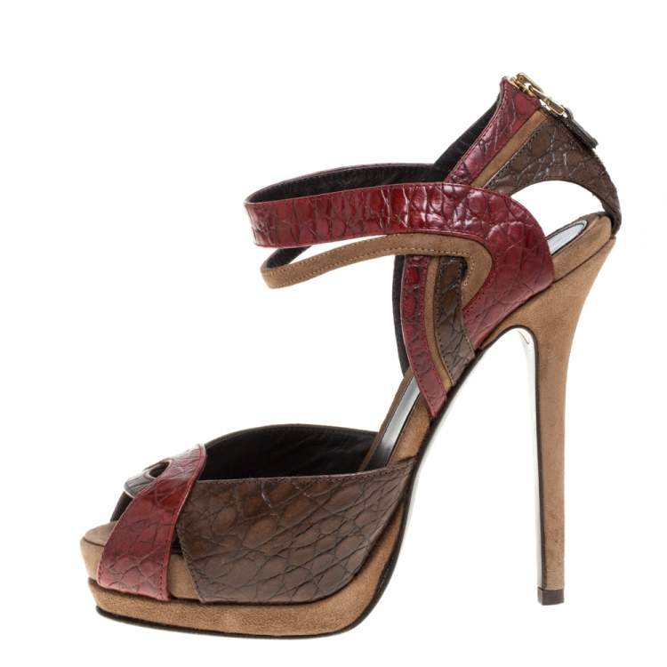Pre Owned  Fendi Multicolor Croc Embossed Leather Platform Sandals Size 38 